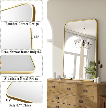 20x28 Inch Gold Bathroom Vanity Mirror for Over Sink | Rectangle Wall Mirror for Bathroom with Round Corner, Hangs Horizontally Vertically for Living Room, Bedroom as Home Decor