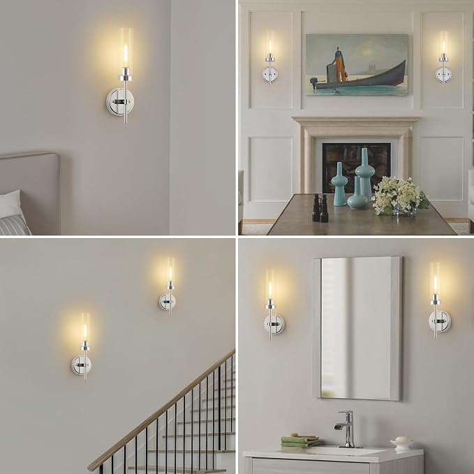 WILON Bathroom Wall Sconces Vanity Light Fixtures, Chrome, 2 pcs | Clear Glass Shade, 60W MAX, Modern Farmhouse Style for Vanity Mirror Bedroom Bedside Hallway Corridor Stairs bathroom
