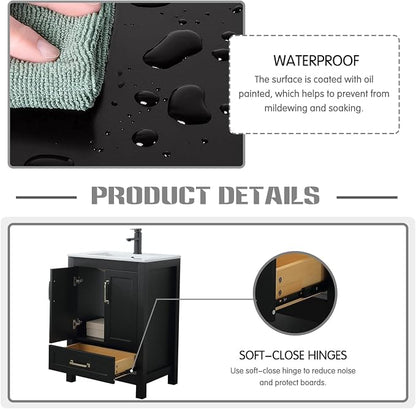 LUCKWIND 24" Bathroom Vanity and Sink Combos, Modern Bathroom Storage Painted Cabinet with Undercounter Ceramic Single Sink Top, Matte Black Faucet and Drawer, Mirror Not Included, Black