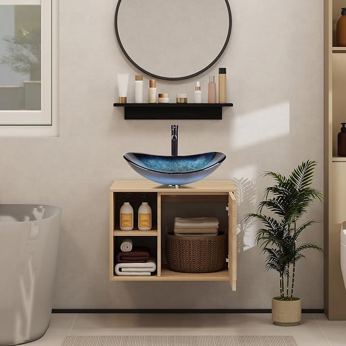 YOURLITE 24" Floating Bathroom Vanity, Wall-Mounted Bathroom Vanity and Sink Combo with Mirror and Faucet & Pop Up Drain Set Blue Glass Boat Bathroom Sink
