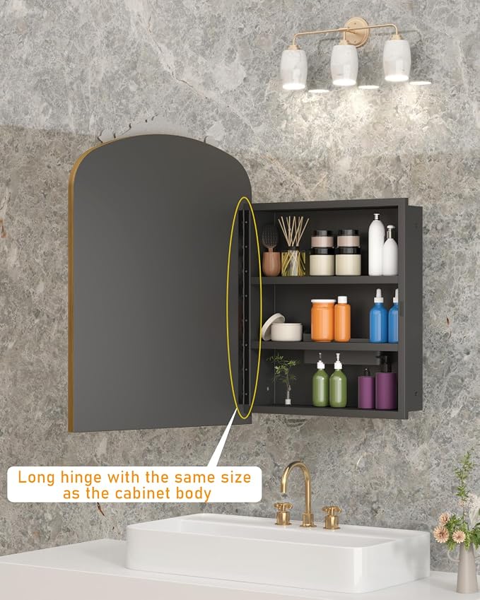 16x24 Inch Bronze Medicine Cabinet Mirror with Hand-Made Vintage Carving Flower and Aluminum Frame, Full Metal Cabinet, Recessed & Surface Mount, 2 Shelves, Arched Mirror with Storage for Bathroom