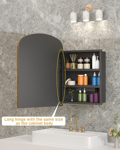 16x24 Inch Bronze Medicine Cabinet Mirror with Hand-Made Vintage Carving Flower and Aluminum Frame, Full Metal Cabinet, Recessed & Surface Mount, 2 Shelves, Arched Mirror with Storage for Bathroom