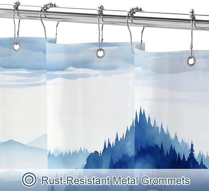 Litabel Navy Blue Misty Pine Forest Shower Curtain, Mountain Foggy Woodland Scenery Tree Shower Curtains for Chic Rustic Bathroom, Abstract Modern Waterproof Nature-Themed Decor, 72x72 Inches