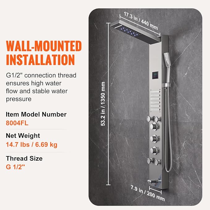 VEVOR Shower Panel Tower System, 6 Shower Modes, LED & Screen Hydroelectricity Shower Panel, Rainfall, Waterfall, 5 Massage Jets, Tub Spout, Handheld Shower, Stainless Steel Wall-Mounted Shower Set