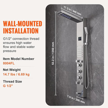 VEVOR Shower Panel Tower System, 6 Shower Modes, LED & Screen Hydroelectricity Shower Panel, Rainfall, Waterfall, 5 Massage Jets, Tub Spout, Handheld Shower, Stainless Steel Wall-Mounted Shower Set
