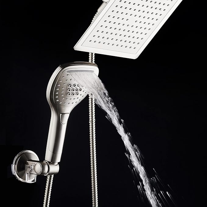 DreamSpa Ultra-Luxury 9-inch Square Rainfall & Handheld Shower Head Combo | Enjoy Extra-wide Flow Coverage and Convenient Push-button Hand Shower Mode Control. Premium Stainless Steel Hose / Nickel