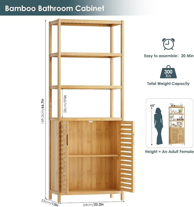 66" Tall Bathroom Storage Cabinet, Natural Bamboo Cabinet, for Narrow | Bathroom Floor Cabinet with 2 Doors & 4-Tier Open Shelves, Corner Freestanding Organizer Unit for Bath, Living Room, Entryway