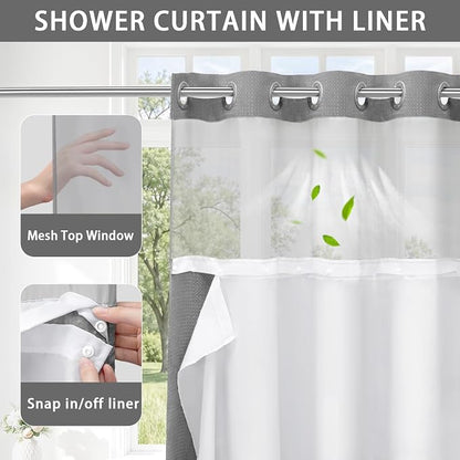 No Hook Shower Curtain with Liner Set Hotel Waffle Curtain Grey 72W X 75L | Washable Snap in Fabric Liner, Mesh Top Window, Waffle Hotel Style Shower Curtain Set