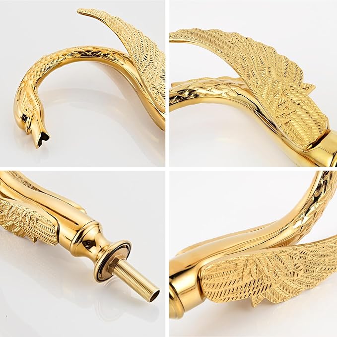 Golden Gold Ornate Swan Style Bathroom Sink Faucet Combo Deck Mount Sink Mixer Tap Set Hot Cold Water