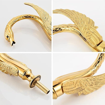 Golden Gold Ornate Swan Style Bathroom Sink Faucet Combo Deck Mount Sink Mixer Tap Set Hot Cold Water