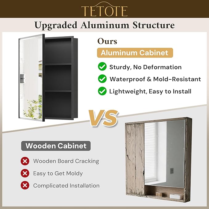 TETOTE Medicine Cabinet Mirror 24" x 30" Black Bathroom Mirrored Cabinets with Stepless Adjustable Shelves Beveled Aluminum Frame, Wall-Mounted or Recessed