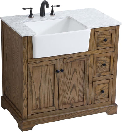 36" Pre-Assembled Bathroom Vanity with Sink, Solid Birch and MDF, Carrara White Marble Countertop Attached, Single Rectangle Porcelain Sink, 3 Soft-Close Drawers, Driftwood
