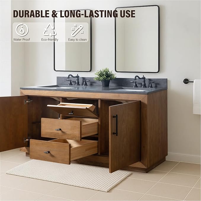 HOMEBEYOND 60" Bathroom Vanity with Double Sink & Ceramic Top, MDF Material Vanity Cabinet with Basin Combo, Soft-Closing Doors, Removable Shelf, Backsplash, Tan