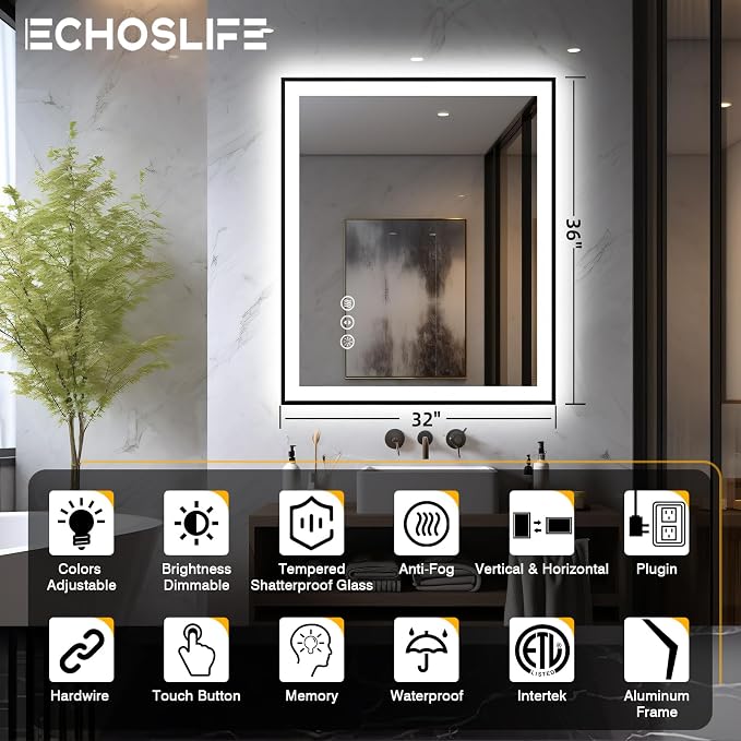 EchosLife 32x36 LED Bathroom Mirror - Black Border | Black Frame, Front and Backlit, Anti-Fog, Stepless Dimmable, 3 Colors, Memory, Tempered Glass, UL Listed, Horizontal/Vertical