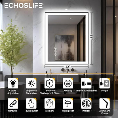 EchosLife 32x36 LED Bathroom Mirror - Black Border | Black Frame, Front and Backlit, Anti-Fog, Stepless Dimmable, 3 Colors, Memory, Tempered Glass, UL Listed, Horizontal/Vertical