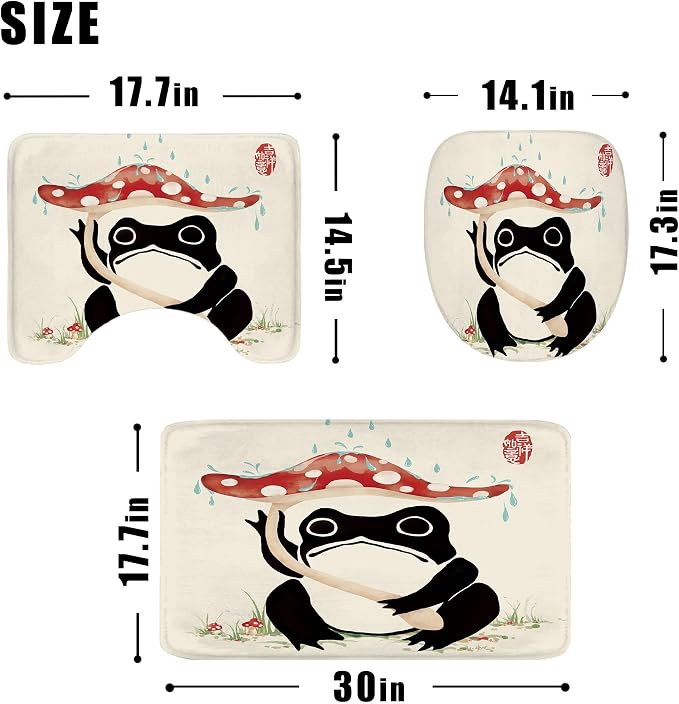 4PCS Funny Frog 71Wx71H Inches Mushroom Asian Grassland Japanese Shower Curtain Sets with Rugs, Toilet Lid Cover and Bath Mat, Traditional Bath Accessories Art Home Decor Fabric 12 Pack Hooks