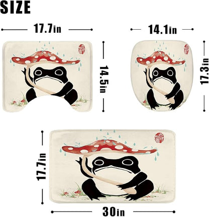4PCS Funny Frog 71Wx71H Inches Mushroom Asian Grassland Japanese Shower Curtain Sets with Rugs, Toilet Lid Cover and Bath Mat, Traditional Bath Accessories Art Home Decor Fabric 12 Pack Hooks