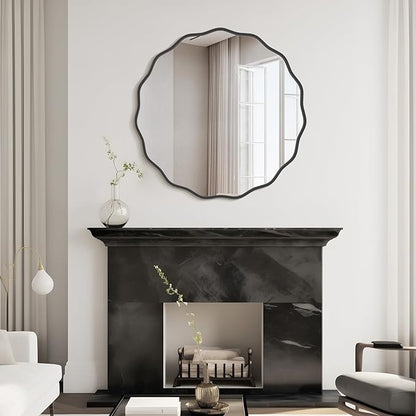WallBeyond Round Wavy Mirror for Wall Decorative 32 inch, Modern Round Mirror Aluminum Frame for Bathroom Bedroom Living Room Home House Office Entryway, Black