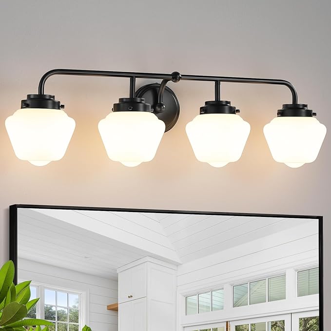 Bathroom Vanity Light Fixtures: 4-Light Matte Black Bathroom Lighting Fixtures Over Mirrors, Farmhouse Rustic Wall Sconce with Milky White Glass for Bath Living Room Cabinet
