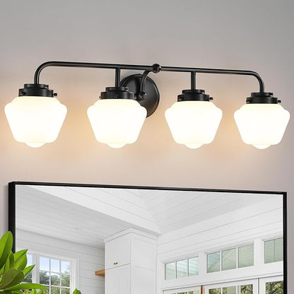 Bathroom Vanity Light Fixtures: 4-Light Matte Black Bathroom Lighting Fixtures Over Mirrors, Farmhouse Rustic Wall Sconce with Milky White Glass for Bath Living Room Cabinet
