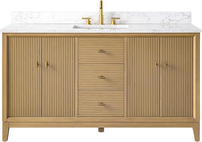 Vanity Art 60" Bathroom Vanity with Single Sink & Arabescato White Engineered Stone Top, Vanity Cabinet with Soft Closing Door, Solid Wood Frame, Golden Brushed Handles, Natural Oak VA8160S-NO-GB