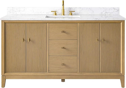 Vanity Art 60" Bathroom Vanity with Single Sink & Arabescato White Engineered Stone Top, Vanity Cabinet with Soft Closing Door, Solid Wood Frame, Golden Brushed Handles, Natural Oak VA8160S-NO-GB