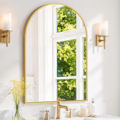 Arched Wall Mirror 38x26 Inch Gold Bathroom Vanity Mirror with Metal Frame | Modern Arch Mirror for Bedroom, Living Room, Entryway, Wall Mounted Decorative Mirror
