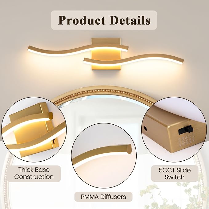Gold Curved Bathroom Vanity Light Fixture Over Mirror, 23.62 inch Modern LED Wall Lamp 5CCT Dimmable Bathroom Light Fixture Modern Vanity Lighting Wall Sconces