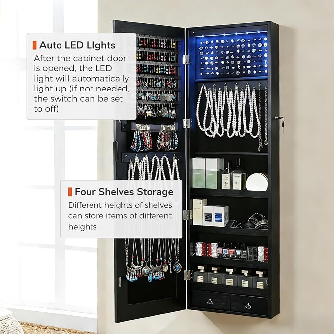 GISSAR Full Length Mirror Jewelry Cabinet, 6 LEDs Jewelry Armoire Wall Mounted Over The Door Hanging, Jewelry Organizer Storage with Lights Lockable, Black, 14.6" x 47.2"