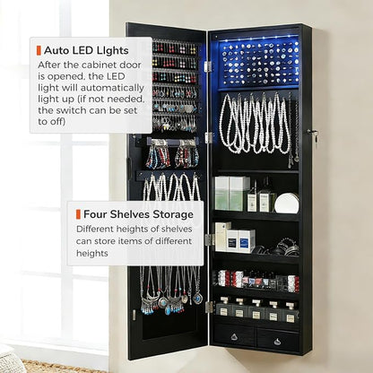GISSAR Full Length Mirror Jewelry Cabinet, 6 LEDs Jewelry Armoire Wall Mounted Over The Door Hanging, Jewelry Organizer Storage with Lights Lockable, Black, 14.6" x 47.2"