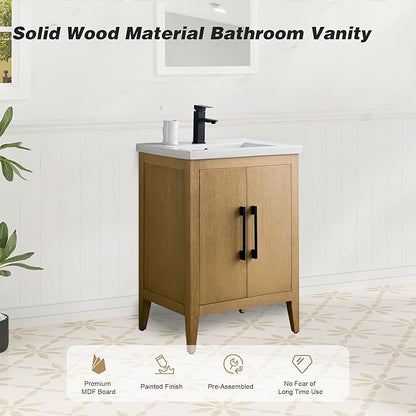 HomeBeyond 24 Inch Bathroom Vanity with Sink & Ceramic Top, Single Vanity Cabinet with Basin, Soft-Closing Doors & Matte Black Hardware, Natural Oak