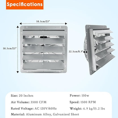 20" Wall-Mounted Shutter Exhaust Fan, 3500 CFM High-Speed Ventilation, 1500 RPM Low-Noise, Aluminum Blades & Automatic Shutter for Attic, Garage, Greenhouse, Workshop & Louvered Vent Applications