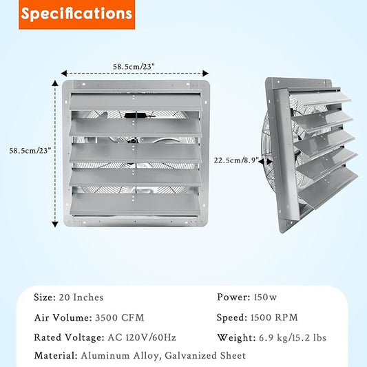 20" Wall-Mounted Shutter Exhaust Fan, 3500 CFM High-Speed Ventilation, 1500 RPM Low-Noise, Aluminum Blades & Automatic Shutter for Attic, Garage, Greenhouse, Workshop & Louvered Vent Applications