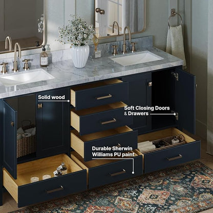 ARIEL Cambridge 72-inch Bathroom Vanity with Sink,Solid Wood, 1.5-inch Italian Carrara Marble Countertop, Double Rectangular Porcelain Sink, 4 Soft Closing Doors, 6 Dovetail Drawers, Midnight Blue