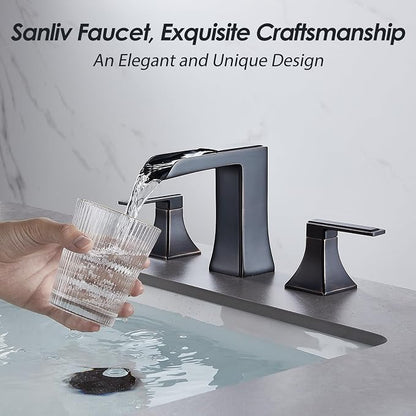 Oil Rubbed Bronze Bathroom Faucet, Sanliv 2-Handle Widespread Bathroom Faucet for 3-Hole Sinks 4-16 inch, Bronze Waterfall Vanity Faucet with Pop-Up Drain (ORB)
