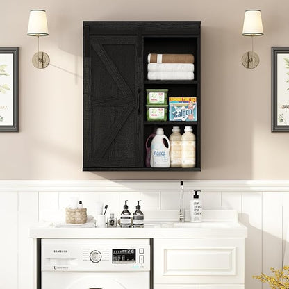 RUSTOWN Farmhouse Wood Wall Storage Bathroom Cabinet with Sliding Barn Door, Rustic Medicine Cabinet with Adjustable Shelf, 3-Tier Vintage Cabinets for Kitchen, Bathroom, Living Room (Black)