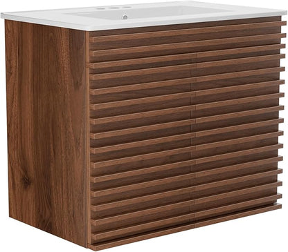 ROOMTEC 30" Bathroom Vanity with Ceramic Sink Combo, Mid-Century Wall Mounted Floating Vanity Cabinet with 2 Closing Doors, Wood Grain Texture, Walnut