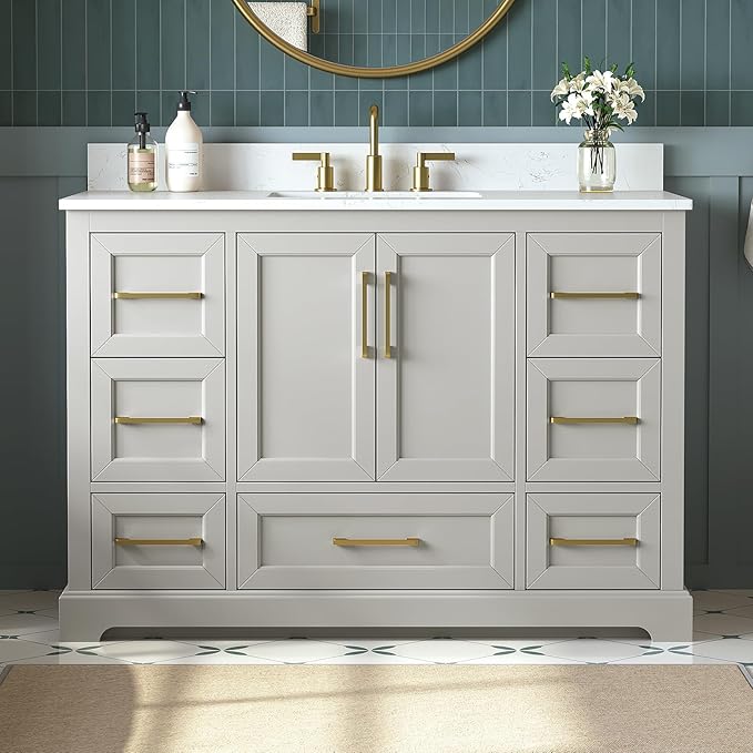 48 Inch Bathroom Vanity with Sink Combo, Solid Wood Frame with Mable Top &Backspalsh, Fully-Assembled with Soft-Closing Doors & 7 Drawers, Greige
