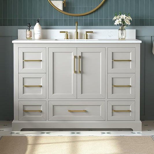 48 Inch Bathroom Vanity with Sink Combo, Solid Wood Frame with Mable Top &Backspalsh, Fully-Assembled with Soft-Closing Doors & 7 Drawers, Greige