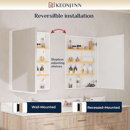 Keonjinn Large Medicine Cabinet Mirror 48 x 32, Black Beveled Frame, 3 Door | Assembly Required, Adjustable Shelves, Aluminum Cabinet, Tempered Glass, Surface Mount or Recessed, Ideal for Large Bathroom