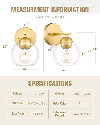 Emak 2 Light Bathroom Vanity Light, Modern Gold Wall Sconce with Clear Glass Shade, Globe Wall Lights for Living Room, Pictures, Bedroom, Bathroom, Hallway, WS114-GD-2PK