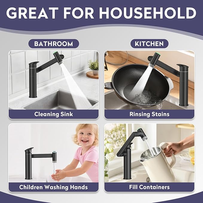 HOWUWEY 1080° Rotatable Single Hole Bathroom Vanity Faucet with Temperature Display, Height Adjustable Single Lever Bathroom Sink Faucet 1 Hole, LED Basin Faucet with Color Change (Black)