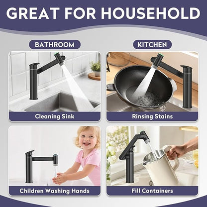 HOWUWEY 1080° Rotatable Single Hole Bathroom Vanity Faucet with Temperature Display, Height Adjustable Single Lever Bathroom Sink Faucet 1 Hole, LED Basin Faucet with Color Change (Black)