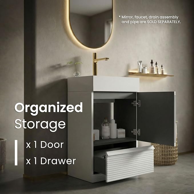 20 inch Bathroom Vanity with White Ceramic Sink, Bath Storage Cabinet with Soft-Closing Door and Drawer, Perfect for Small Space, Powder Room, Hotel, Matte White