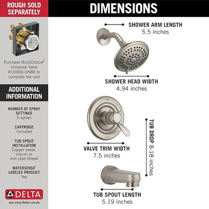 DELTA FAUCET T17430-SS Classic Tub & Shower, 5.00 x 7.50 x 5.00 inches, Stainless