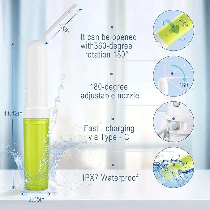 Portable Bidet for Travel - 800mAh USB-C Rechargeable Bidet Sprayer, 3 Spray Modes, IPX7 Waterproof & 180° Foldable Mini Travel Bidets for Women and Men (Green)