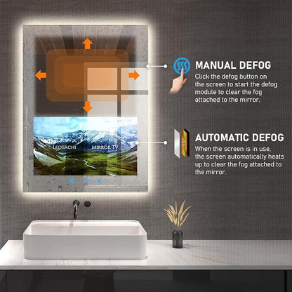 32"x24" Smart Waterproof Anti-Fog Vanity Mirror with 21.5" Touch Screen TV | Adjustable 3-Color LED, Bluetooth/WiFi/HDMI, Android OS, Streaming Apps, For Bathroom & Bedroom