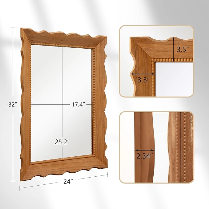 Besdomus Farmhouse Wooden Bathroom Mirror: 32" x 24" Light Brown Wood Mirror for Vanity/Entryway/Wall Decor - Ideal for Country Style Lovers