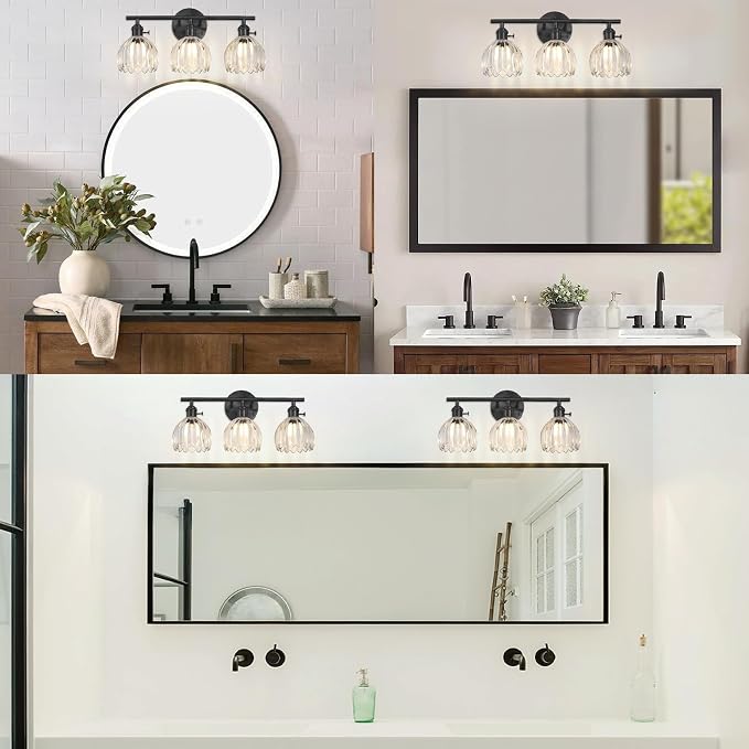 Matte Black 3 Light Bathroom Vanity Light,18.8in Modern Bathroom Lighting Fixtures Over Mirror with Tulip Crystal Glass Shade,Vintage Vanity Lights for Bathroom for Living Room（not include Bulbs)