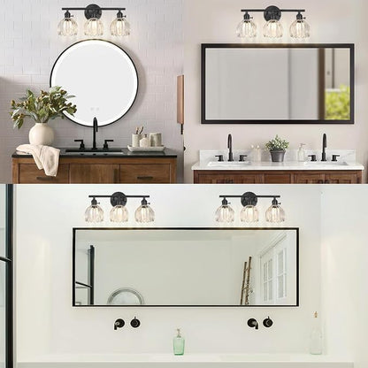 Matte Black 3 Light Bathroom Vanity Light,18.8in Modern Bathroom Lighting Fixtures Over Mirror with Tulip Crystal Glass Shade,Vintage Vanity Lights for Bathroom for Living Room（not include Bulbs)